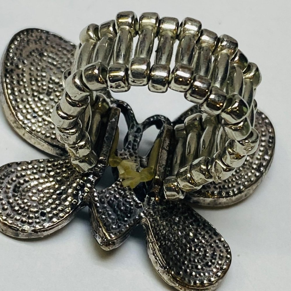 Ring Stretch Butterfly Shape Women Rhinestone Accents Enamel Silver Color Metal - Picture 10 of 16